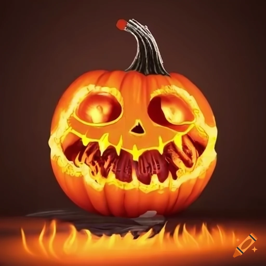 smiling pumpkin with flames and speech bubble saying 'ha ha ha'