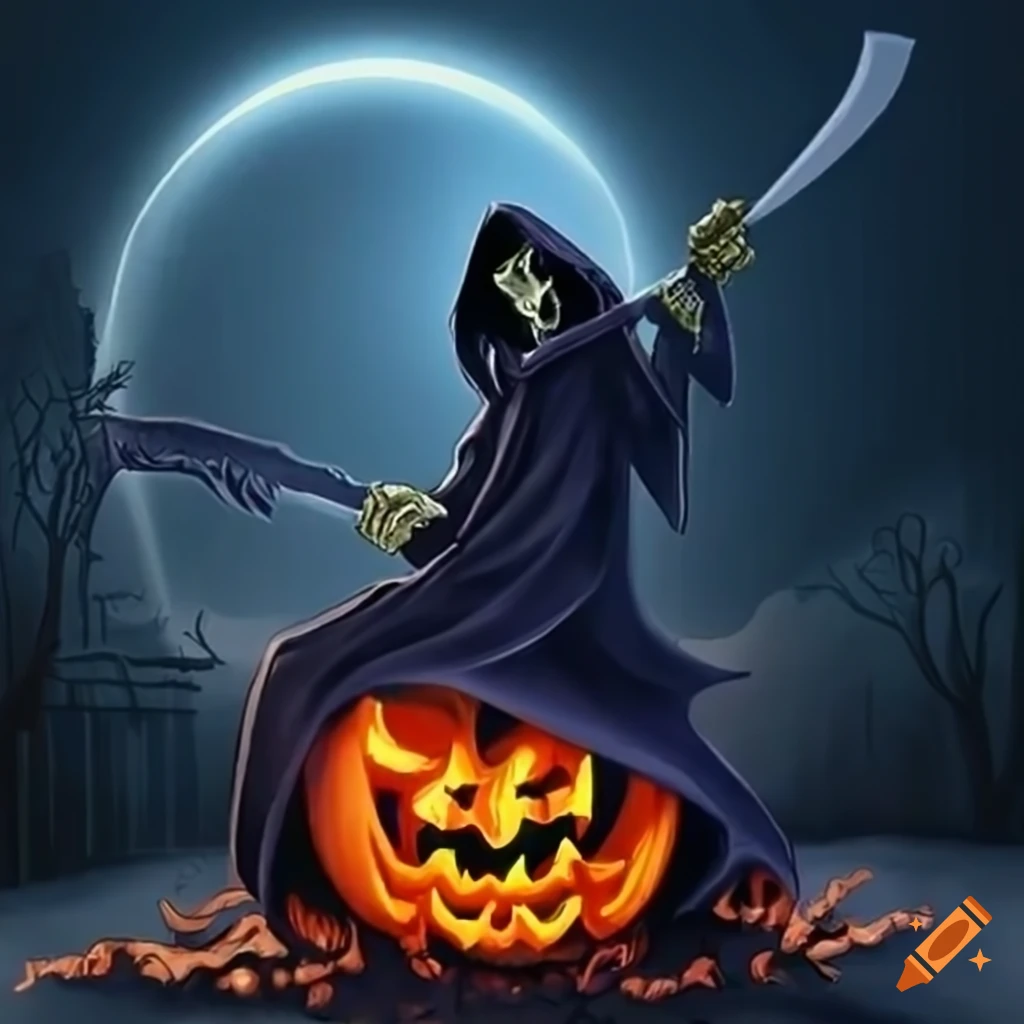 Image of a grim reaper holding a jack-o-lantern scythe on Craiyon