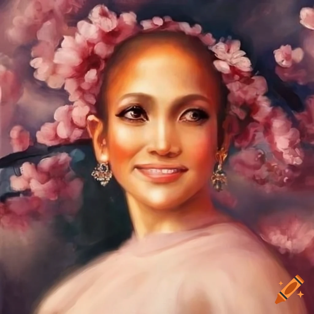 Jennifer Lopez portrait in a cherry blossom garden