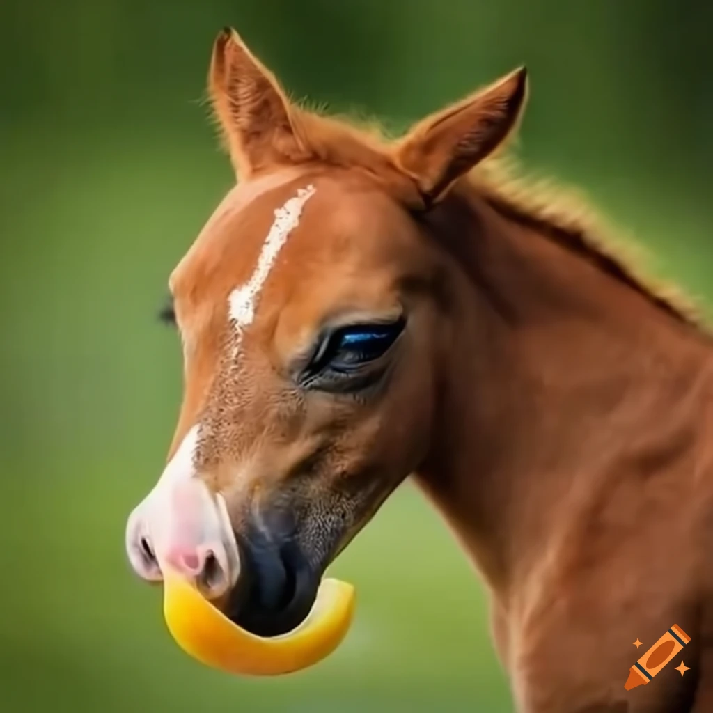 Baby horse eating a mango with a crying face