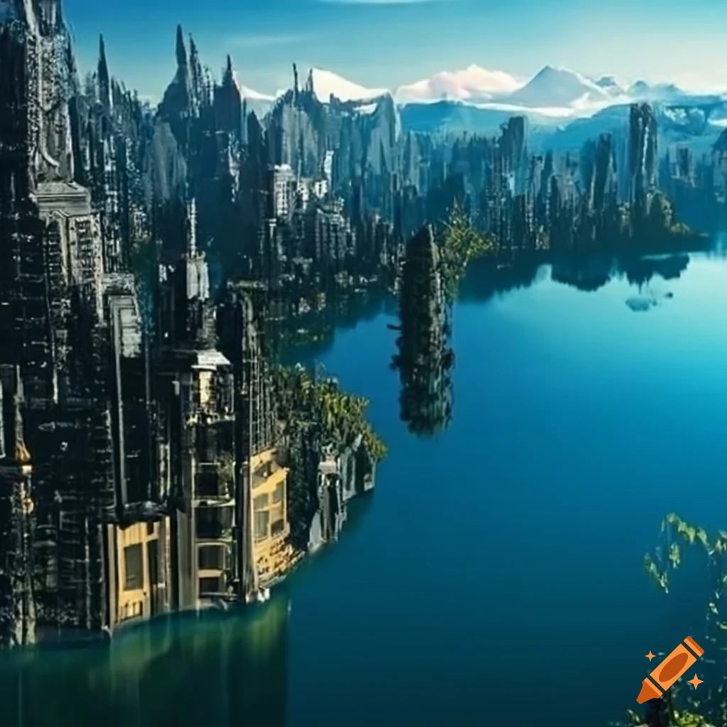 solarpunk city by an alpine lake