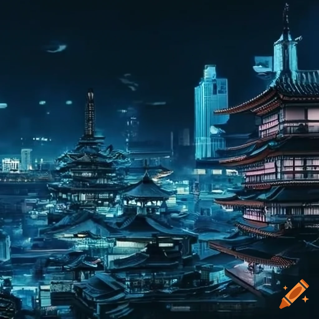 Futuristic city with traditional japanese architecture