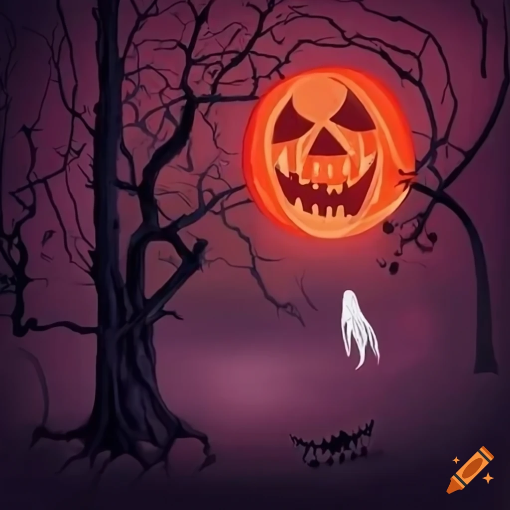 Spooky Halloween Scene With Ghosts Bats And Jack o lantern On Craiyon