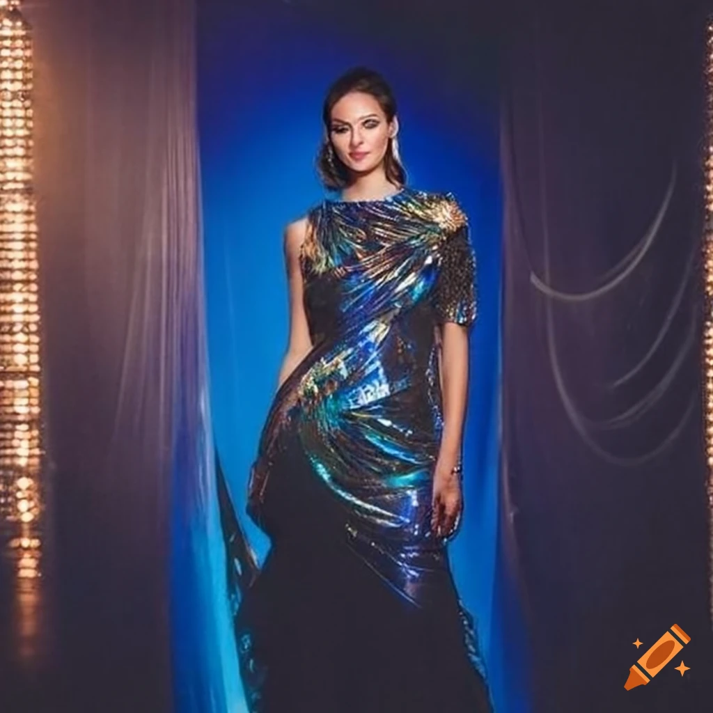 woman in a peacock galactic dress at a fashion show