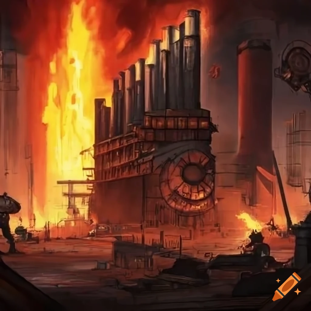 dieselpunk style factory with blazing furnaces