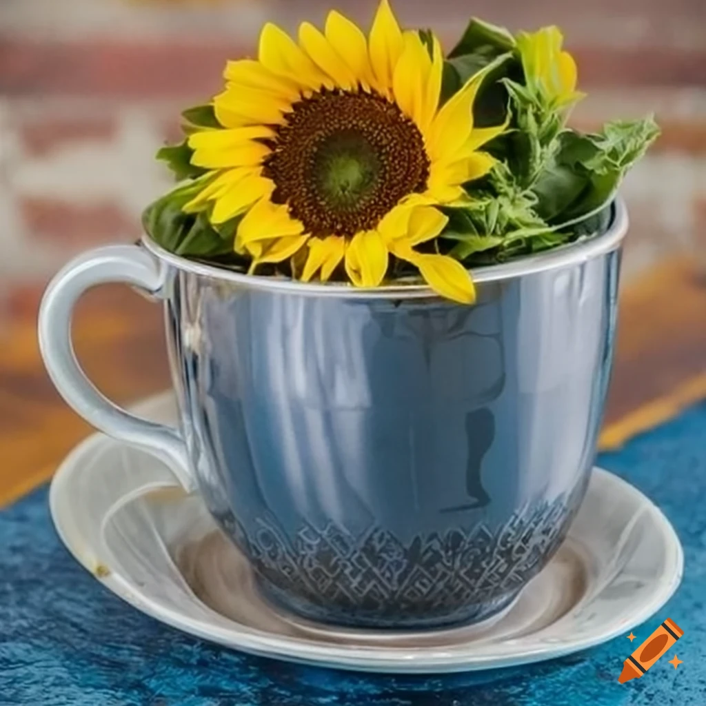 cup filled with vibrant sunflowers