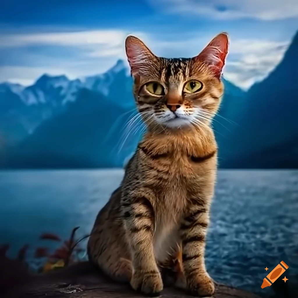 cat admiring a beautiful mountain landscape