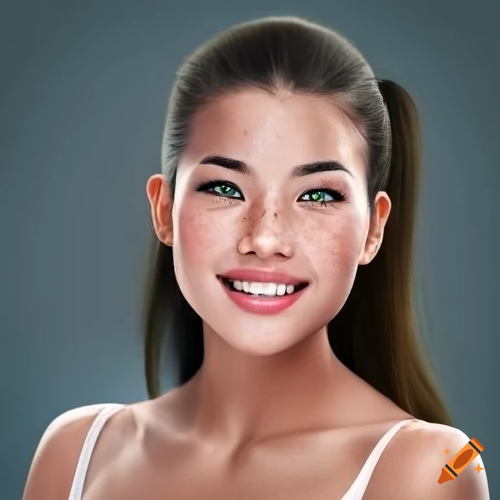 portrait of a beautiful young woman with freckles and green eyes