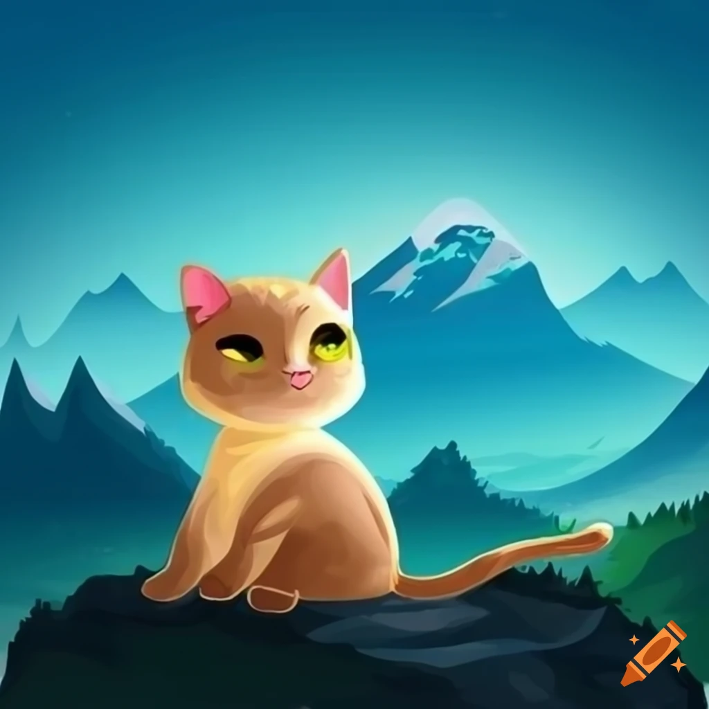 cartoon cat admiring a mountain landscape