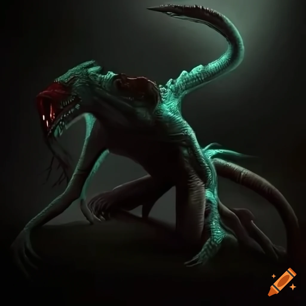 Illustration of a menacing reptilian creature with glowing red eyes on ...
