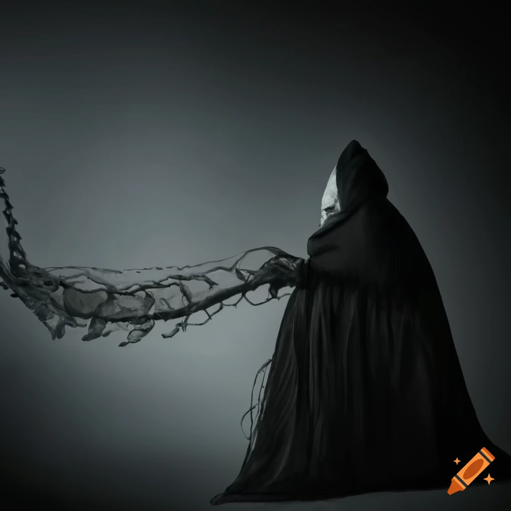 surreal artwork of shark skeleton with fishing net cloak and spear