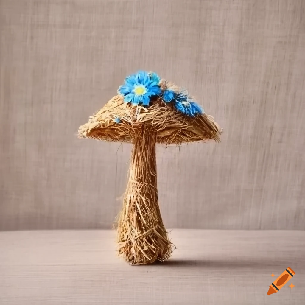 straw mushroom with blue flowers on linen fabric