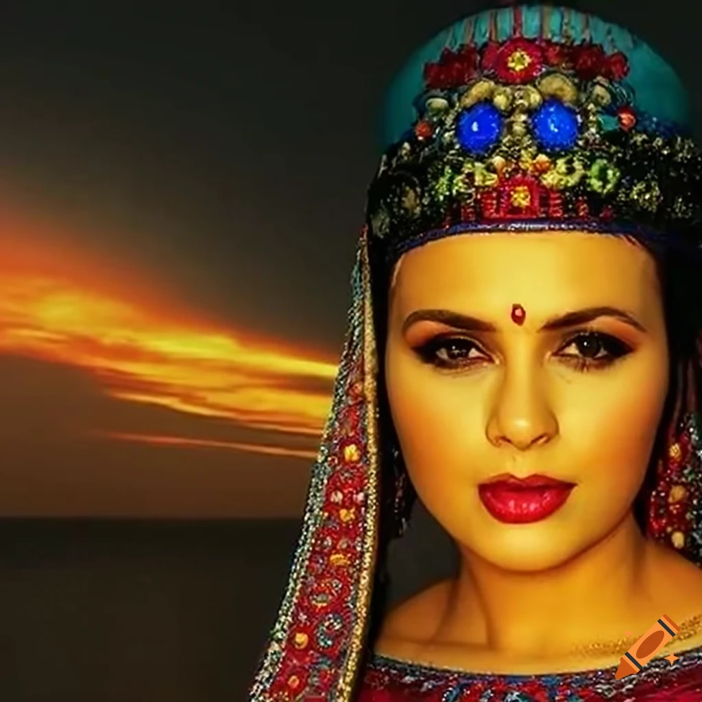 hyperrealistic portrait of a woman at a mountain lake sunset