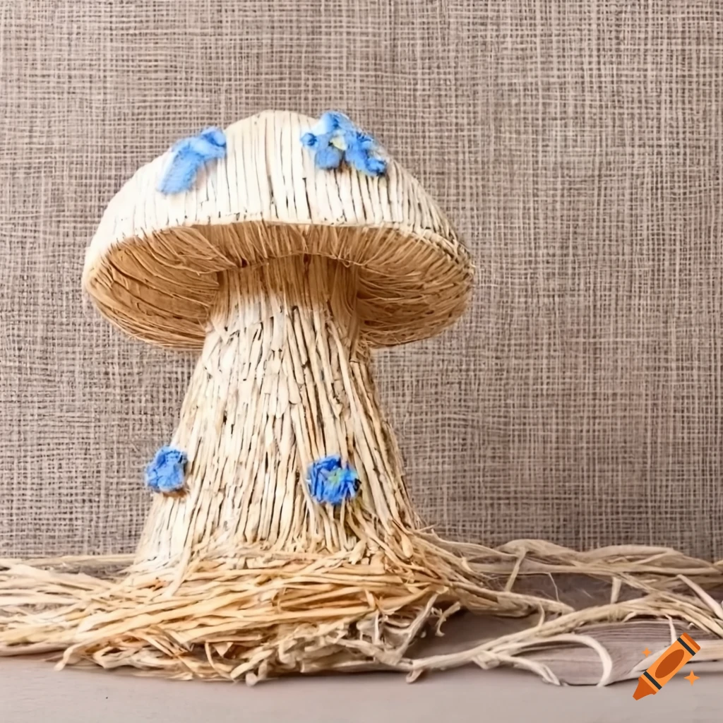 straw mushroom with blue flowers on linen fabric