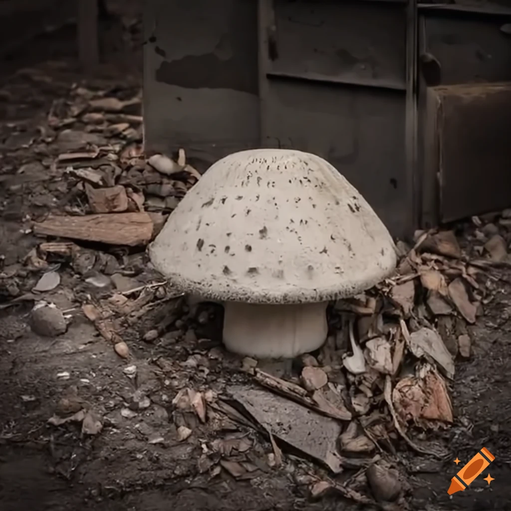 concrete mushroom sculpture at a construction site