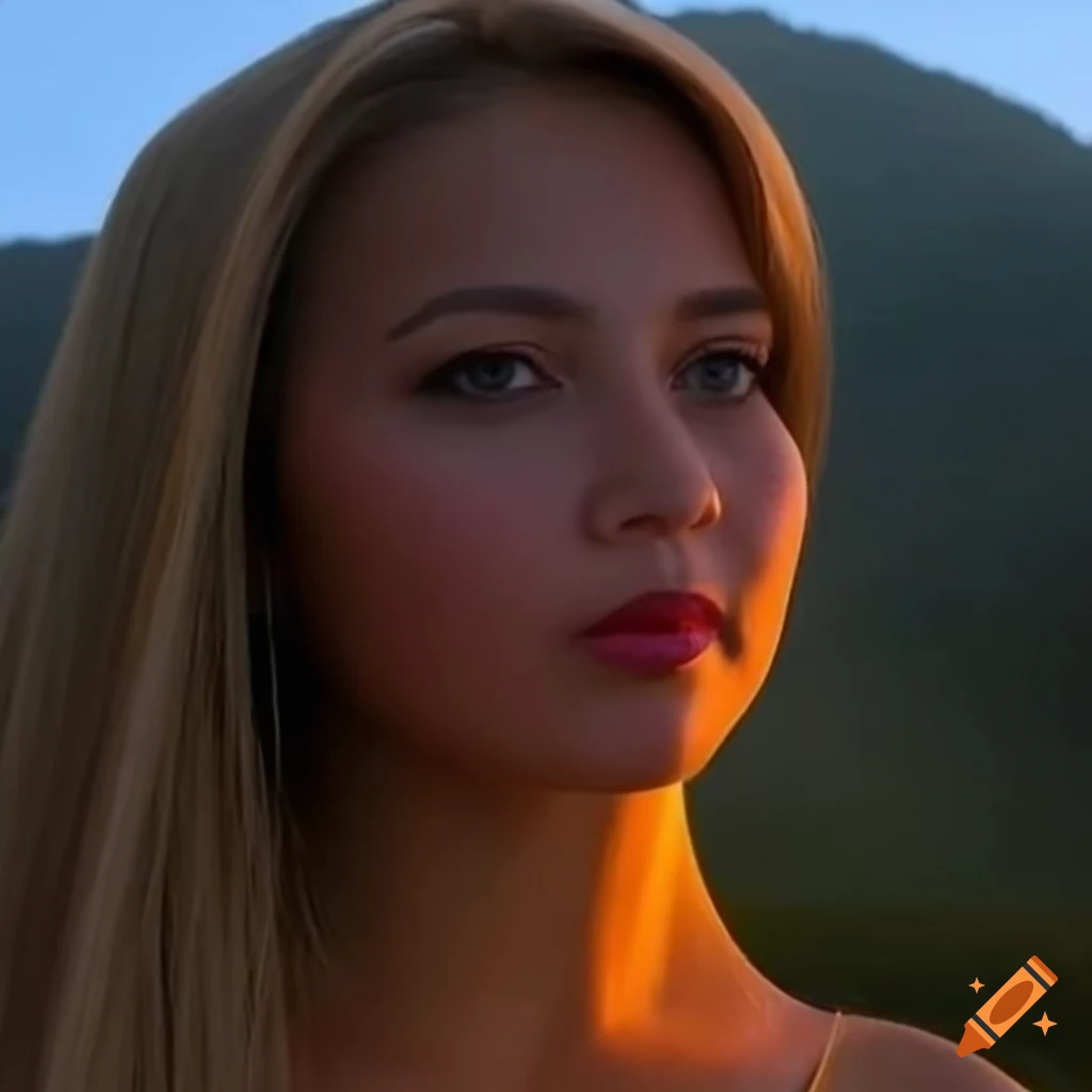 hyperrealistic portrait of a woman at a mountain lake sunset