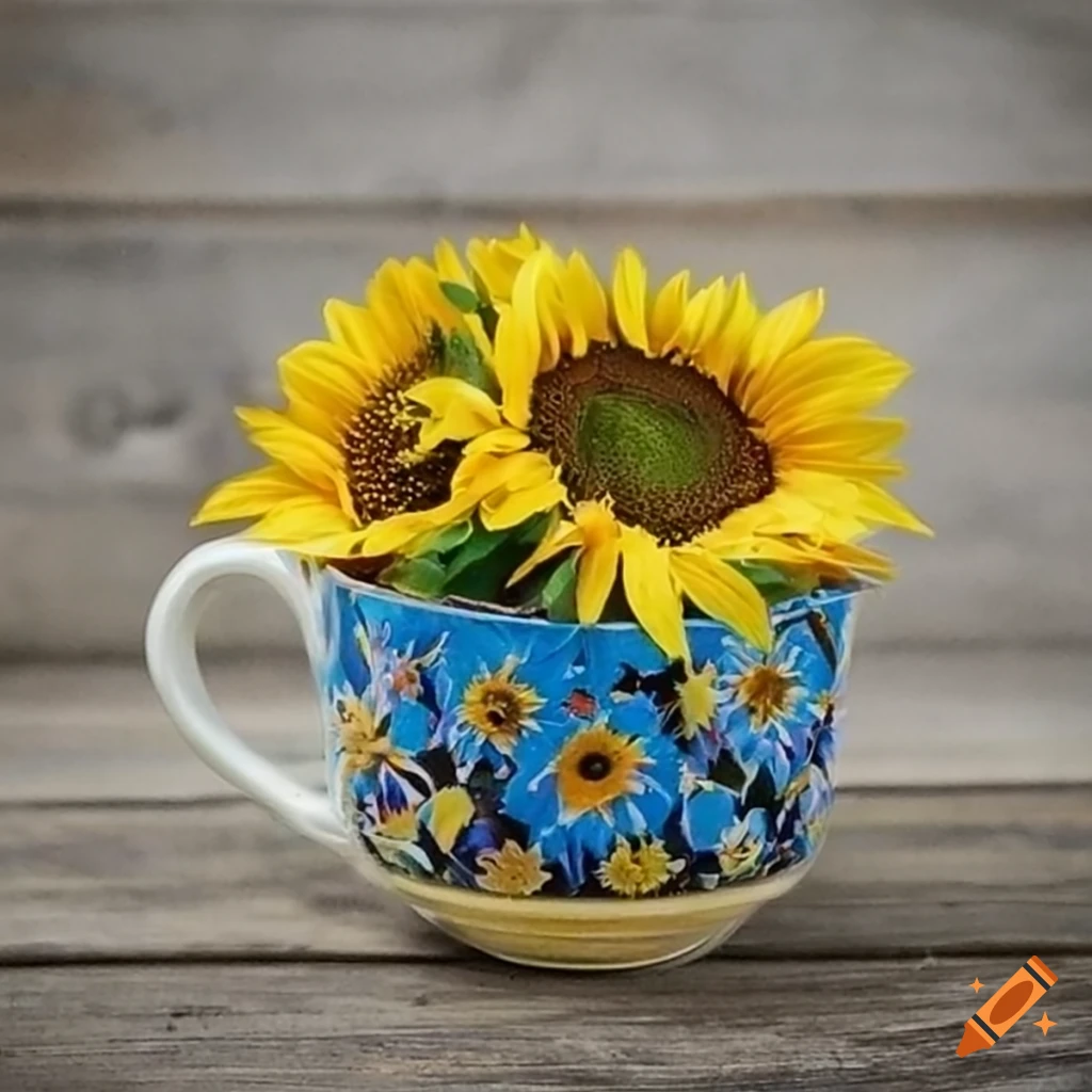 cup filled with sunflowers
