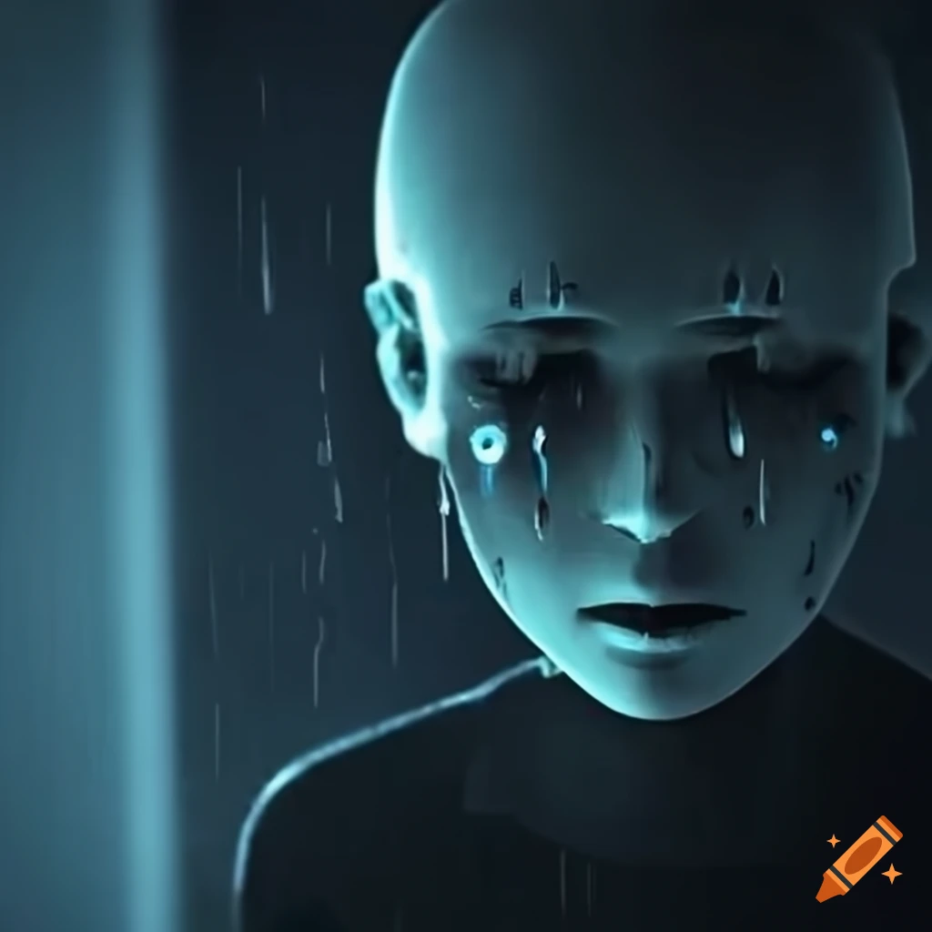 image of a sad humanoid automata in the rain