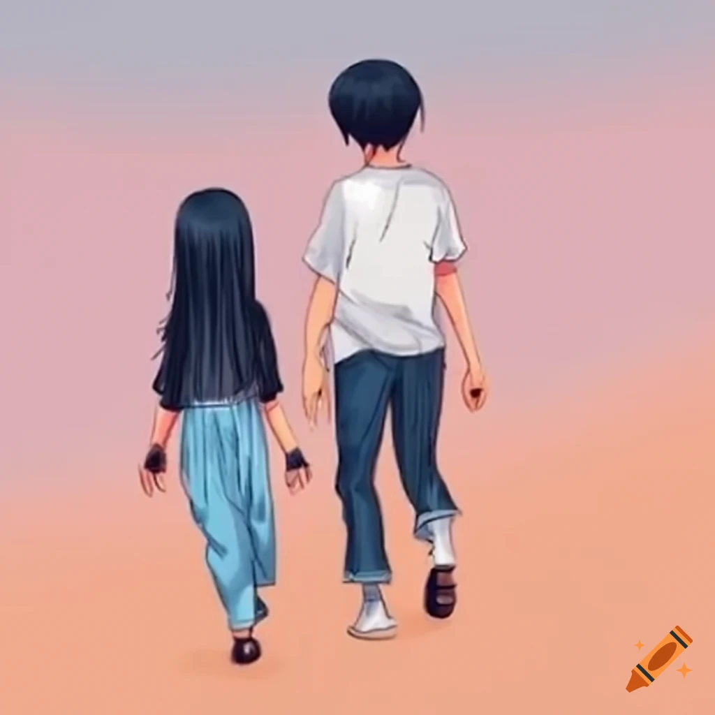 anime holding hands and walking