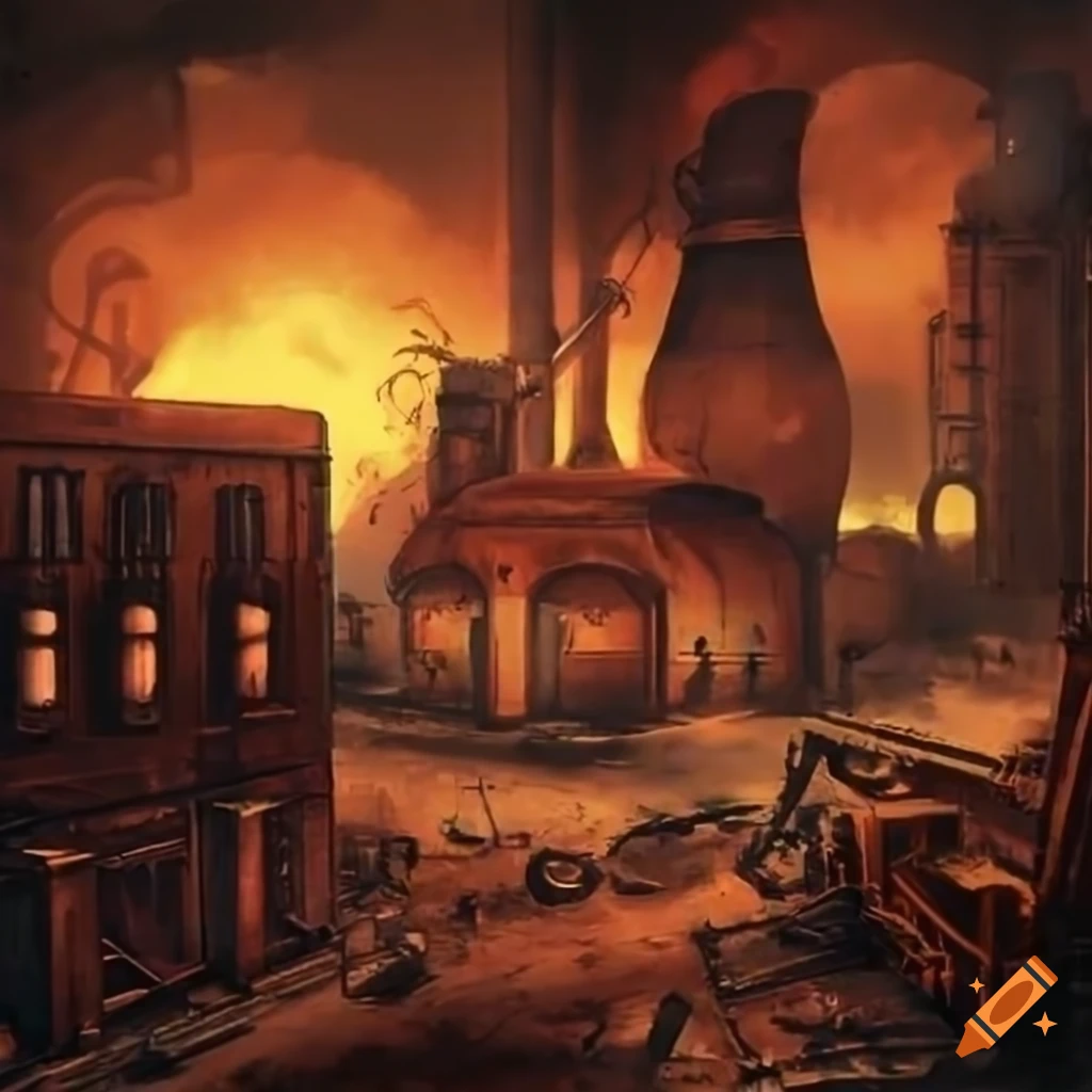 dieselpunk style factory with blazing furnaces