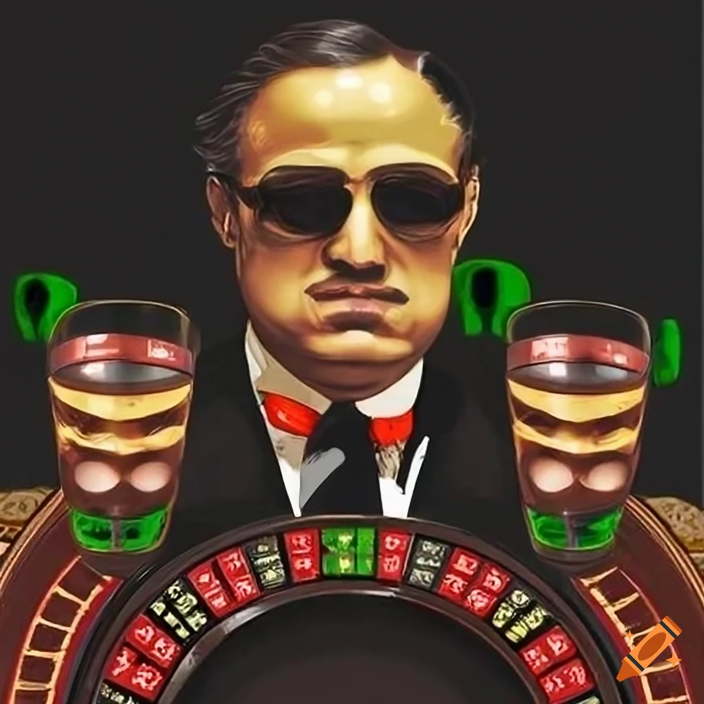 Godfather character at a gambling table with shot glasses arranged like