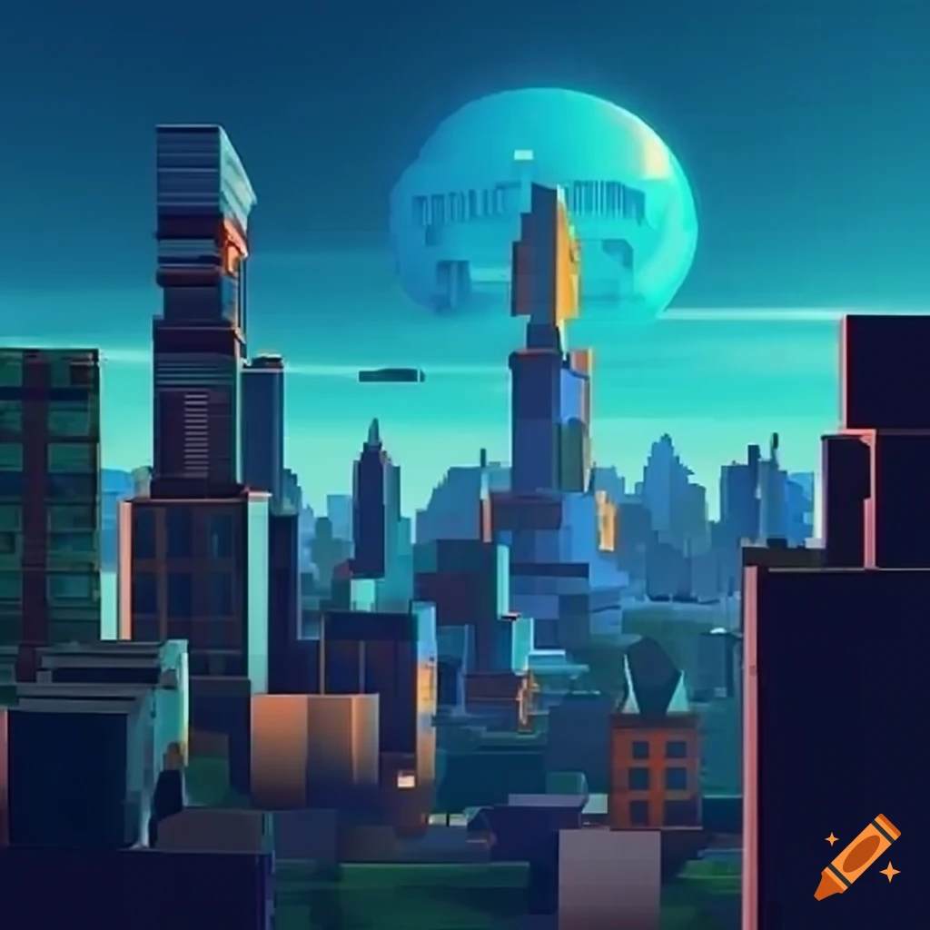 City skyline with buildings on floating platforms