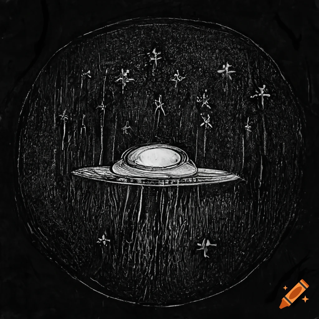 dark forest with a UFO and stars in the sky