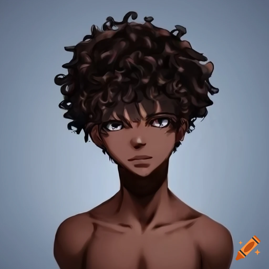 Tokyo ghoul anime style male african american character with extra dark  brown skin with black hair short afro