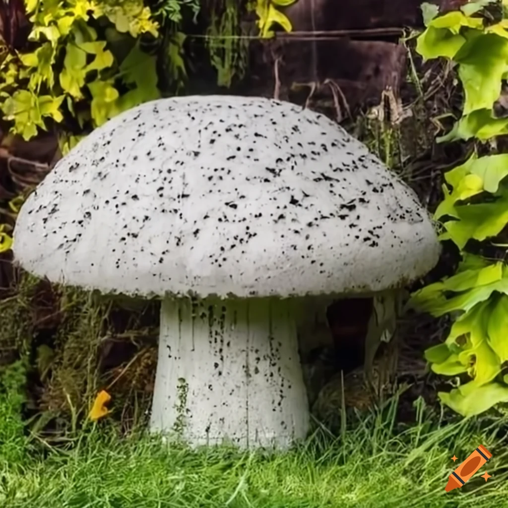 concrete mushroom sculpture in a flower garden