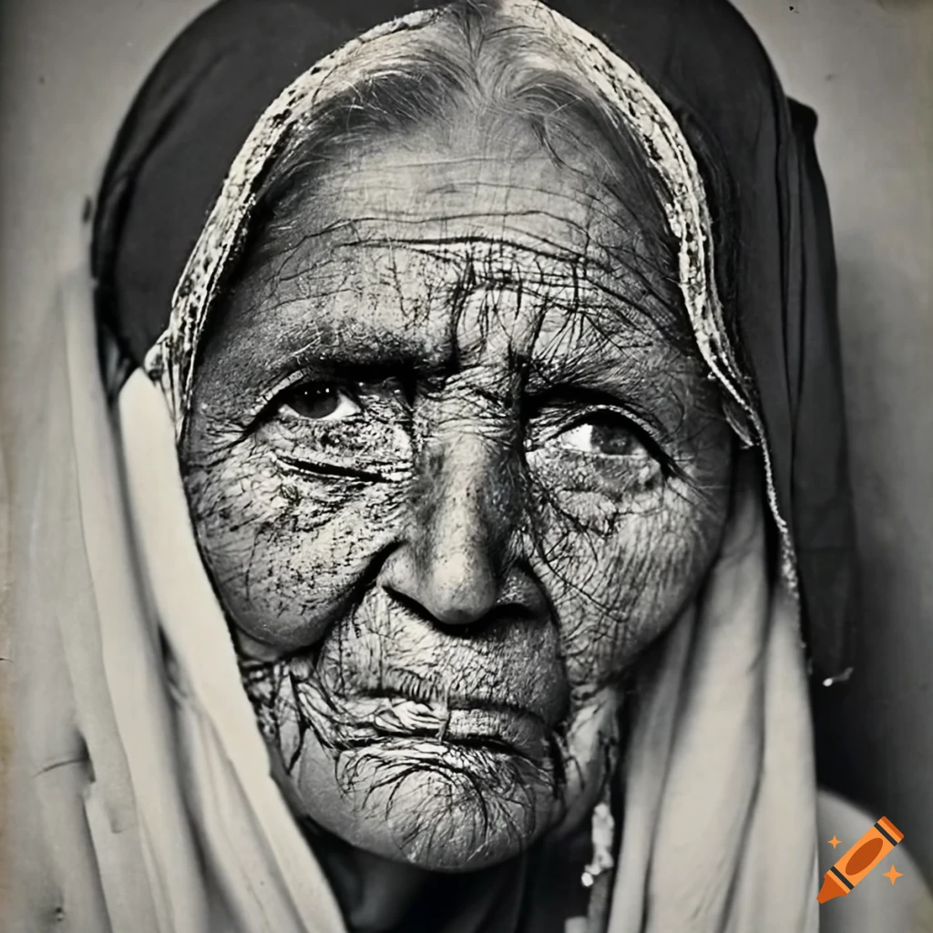 vintage black and white portrait of an elderly Pakistani immigrant woman