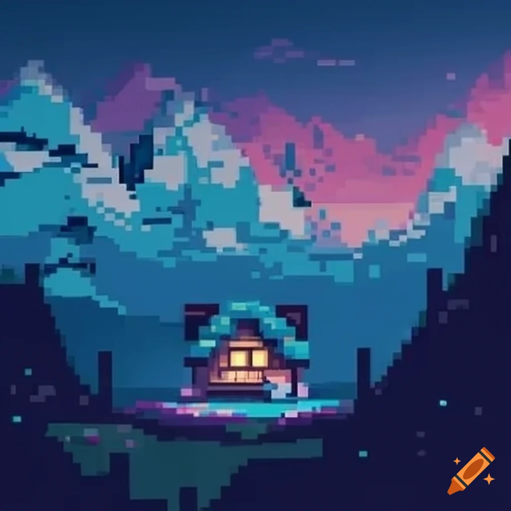 pixel art of a cottage in the mountains