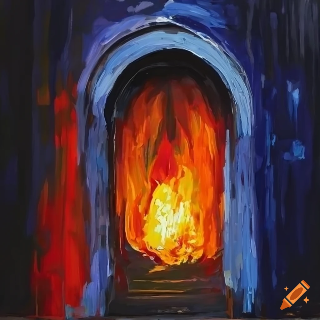 Palette knife painting of a castle doorway with fire inside