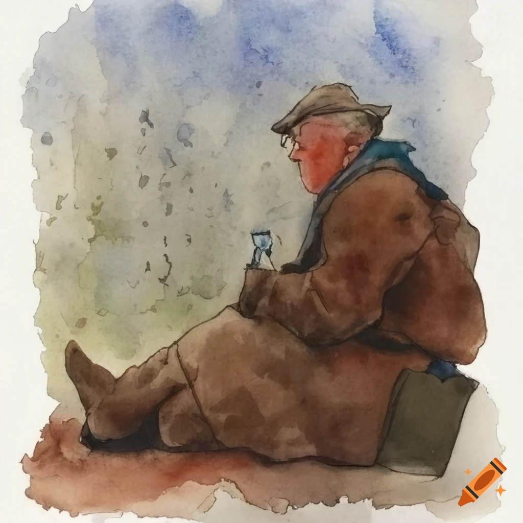 watercolor painting of a hobo in the wilderness