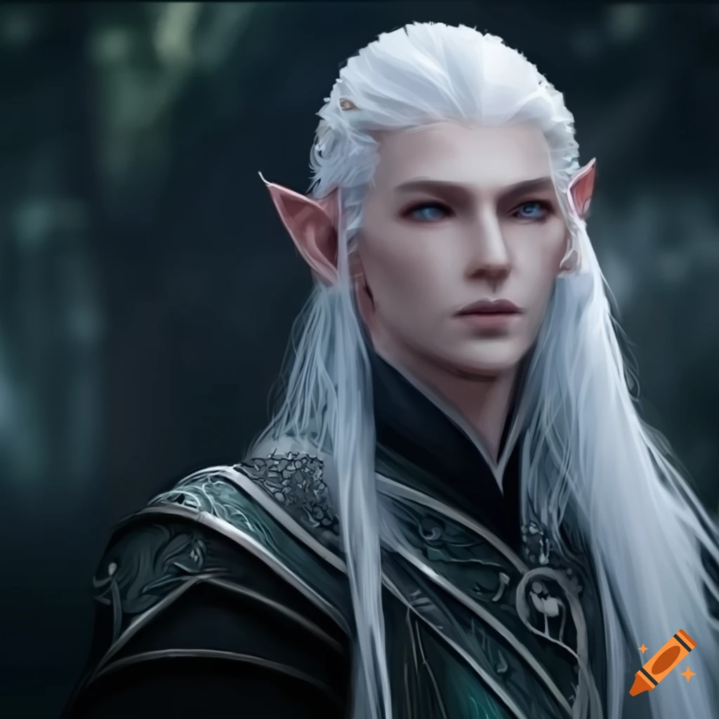 digital art of an elven king with flowing white hair and a crown