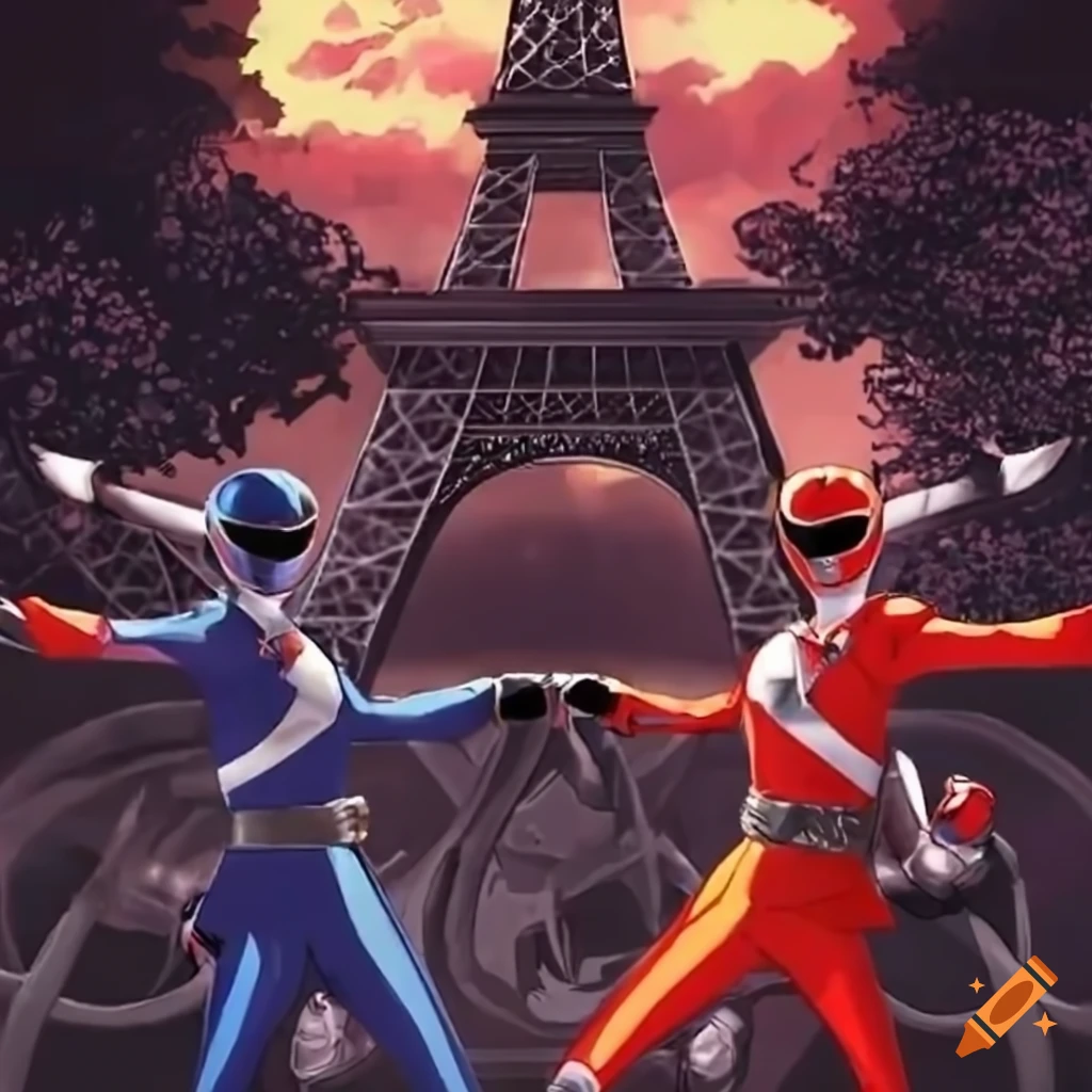 Anime depiction of the eiffel tower with power rangers