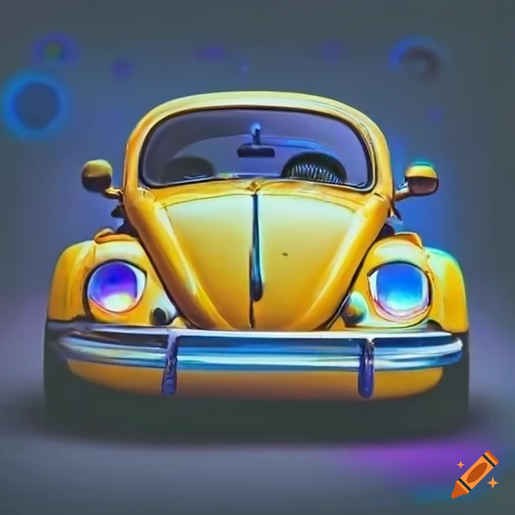 yellow retro car with blue ghostly aura
