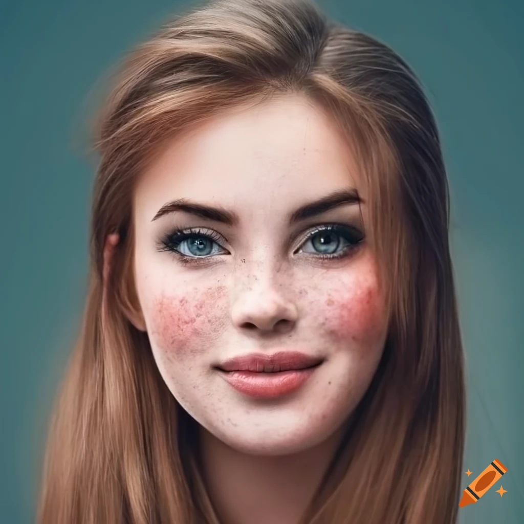 Portrait of a beautiful young woman with freckles and brown hair on Craiyon