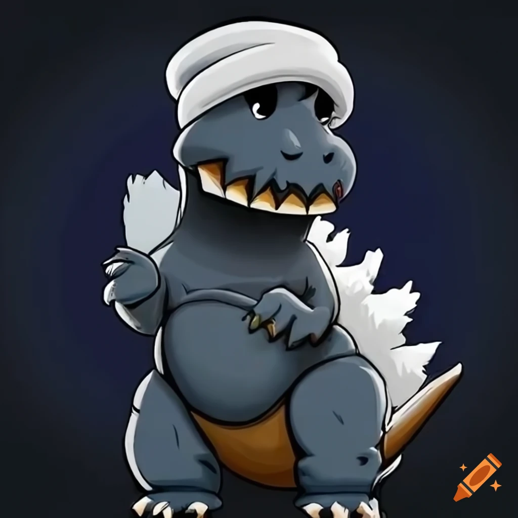 cartoon Godzilla with a white beanie