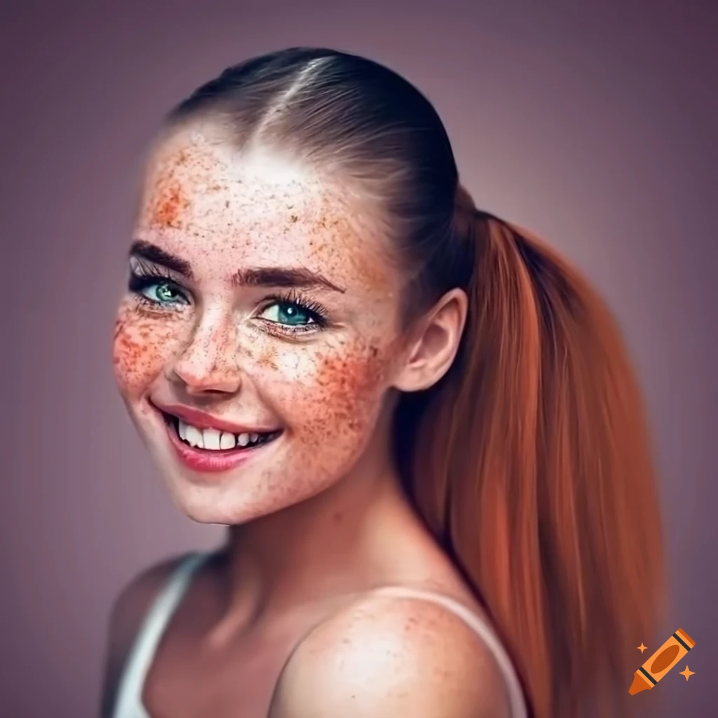 portrait of a beautiful woman with freckles and ponytail