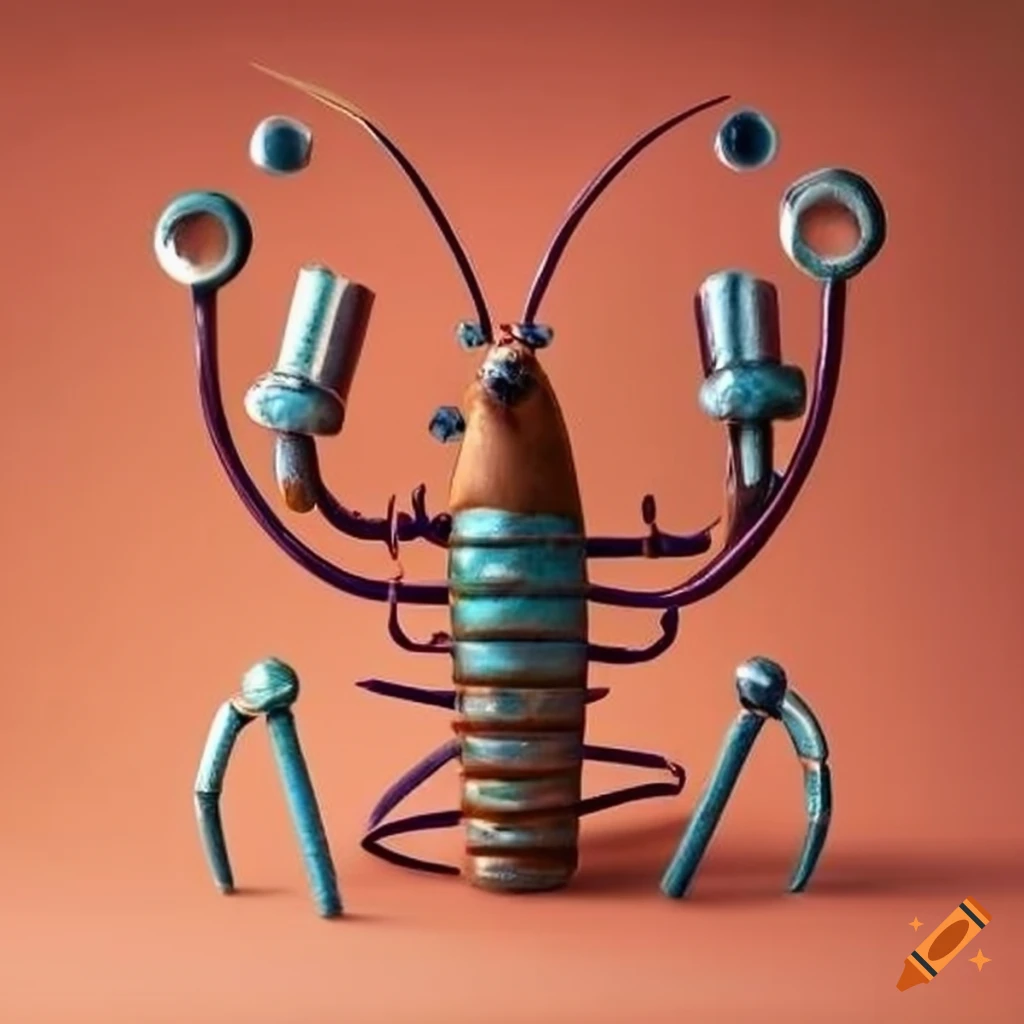 Sculpture of a lobster made from nuts and bolts