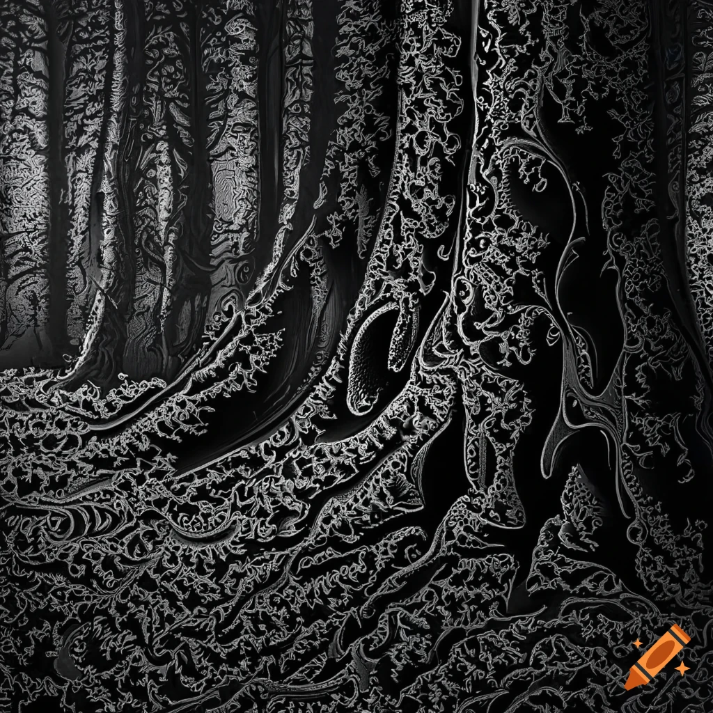 monochrome woodcut of a forest scene