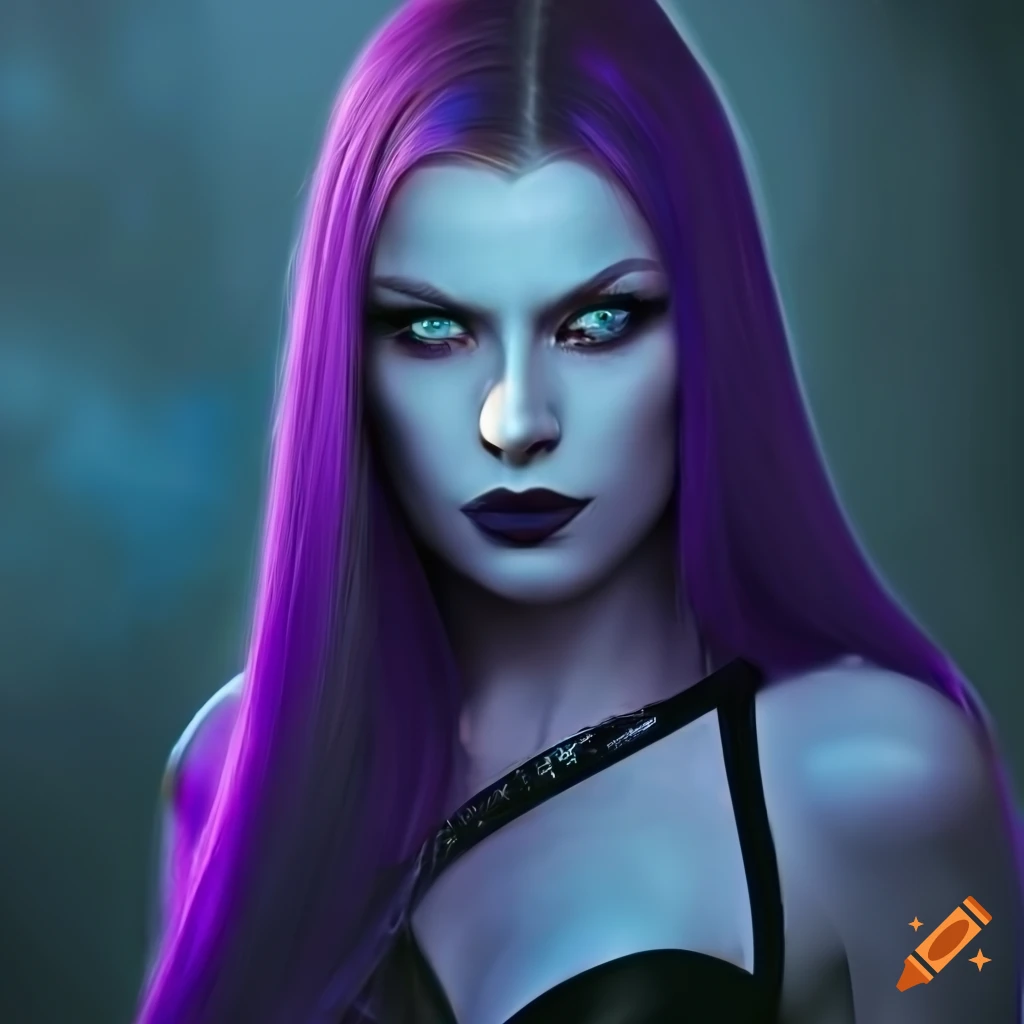 Portrait of a stunning middleaged vampire woman with purple hair on