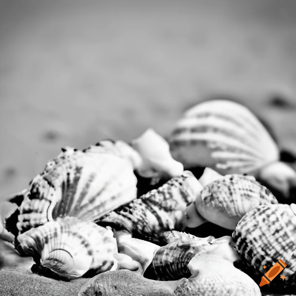 black and white image of seashells on a beach