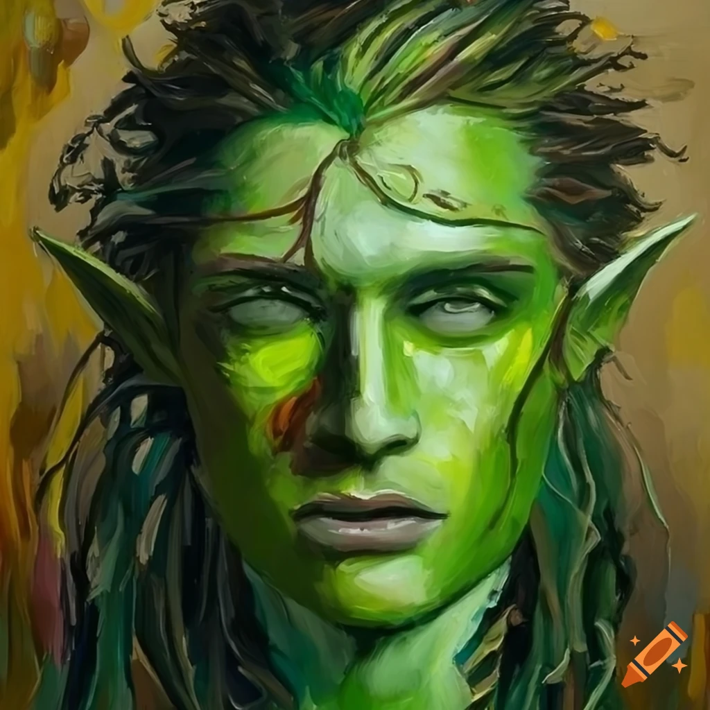 Palette knife painting of a green elf with root hair