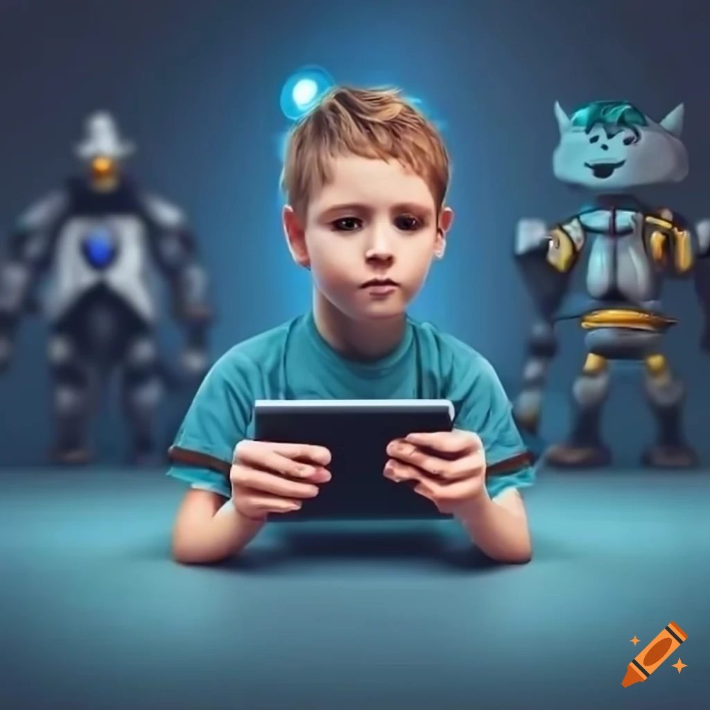 boy playing with tablet while game characters surround him