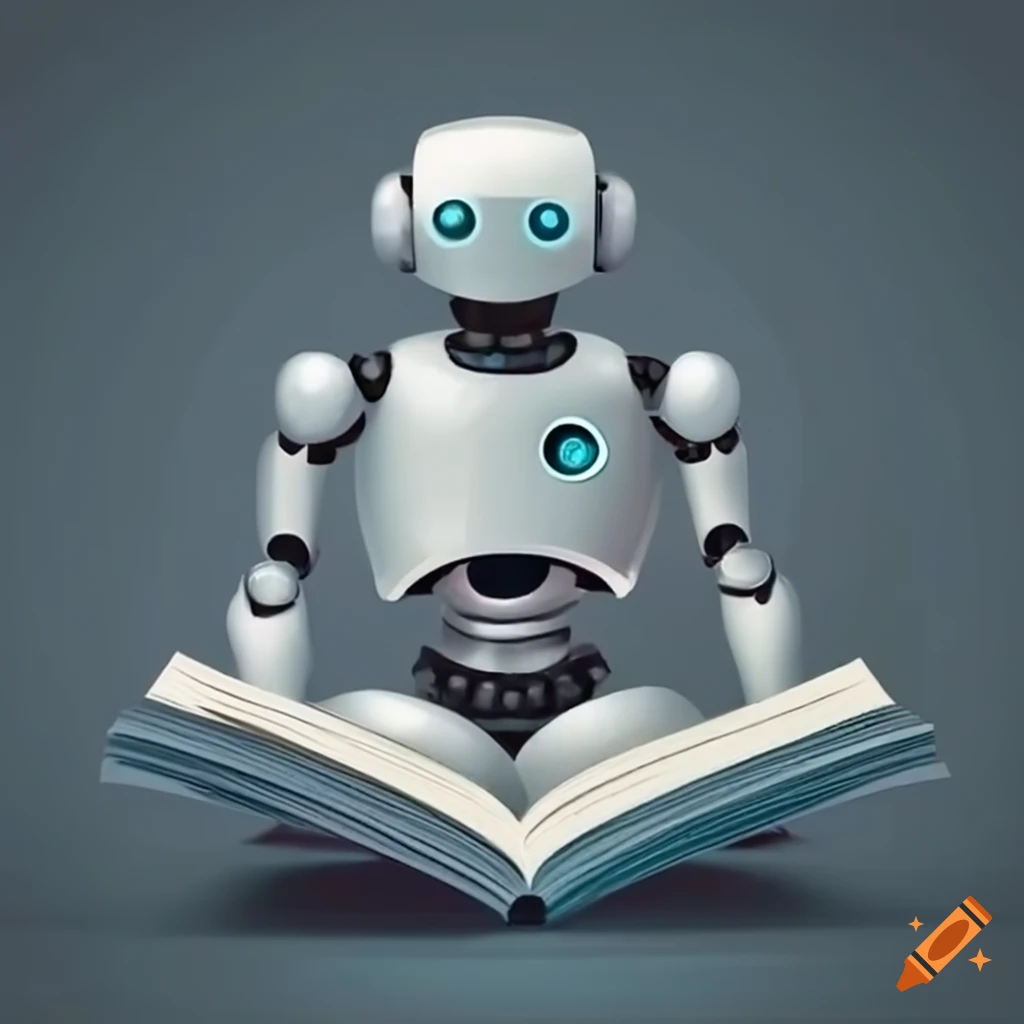friendly robot reading a book
