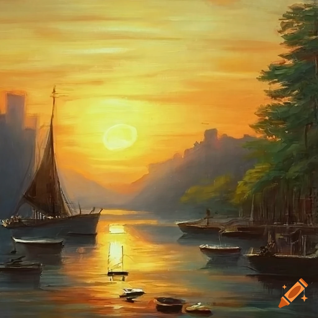 painting of ships in a sunny river town