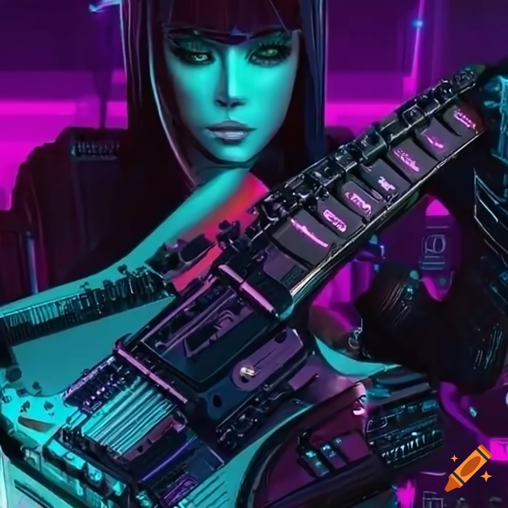 Cyberpunk fusion of a guitar and a keyboard on craiyon
