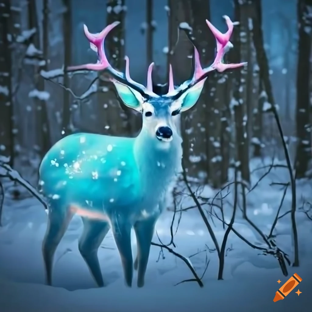 Magical blue deer with pink antlers in winter forest on Craiyon