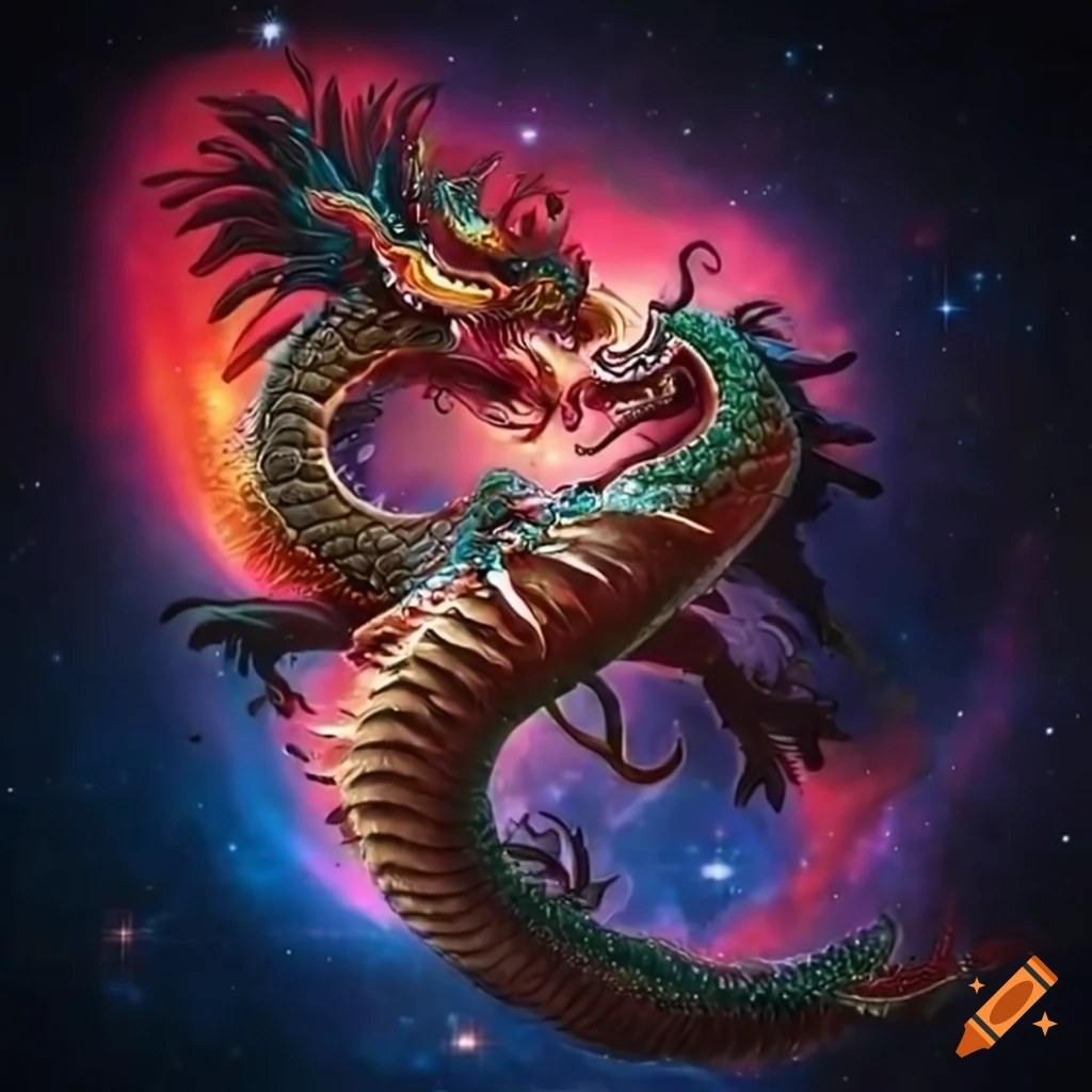 Traditional chinese dragons battling in front of a galaxy